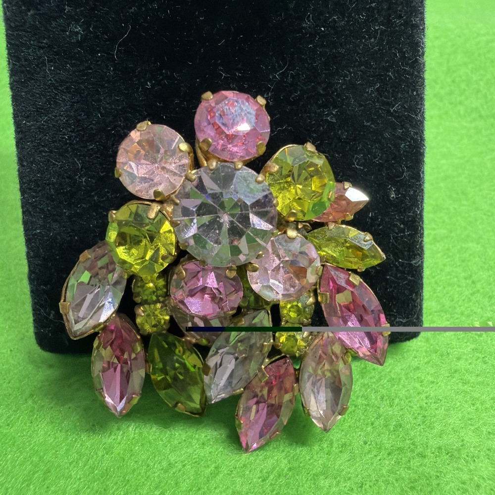 Vintage Juliana Brooch Pin Pendant Pink Green Glass Navette Stone 2"